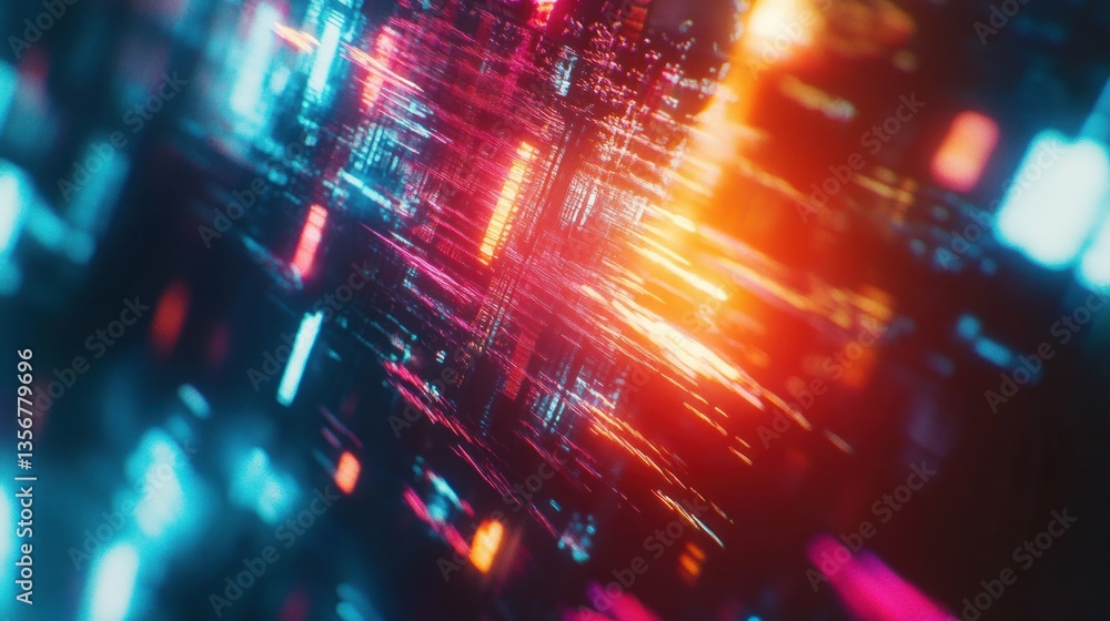Poster Vibrant digital landscape of interconnected network lines and glowing node points creating a dynamic abstract atmosphere