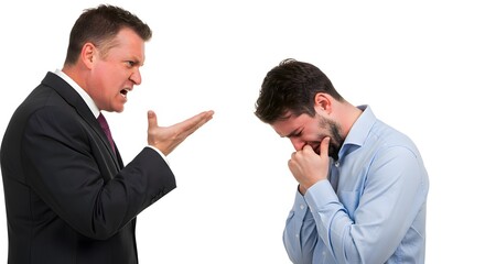 Angry european businessman yelling at sad employee on white background