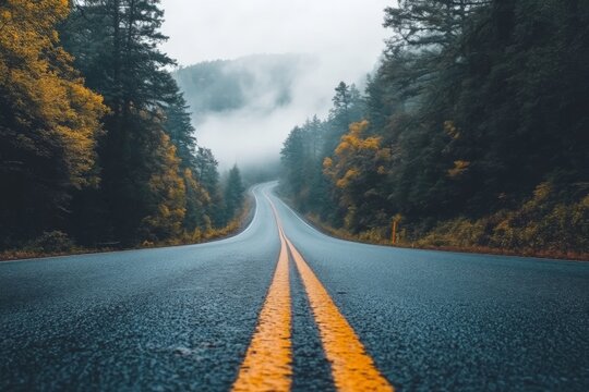Serene winding road through misty forest landscape in autumnal colors during early morning hours - Powered by Adobe