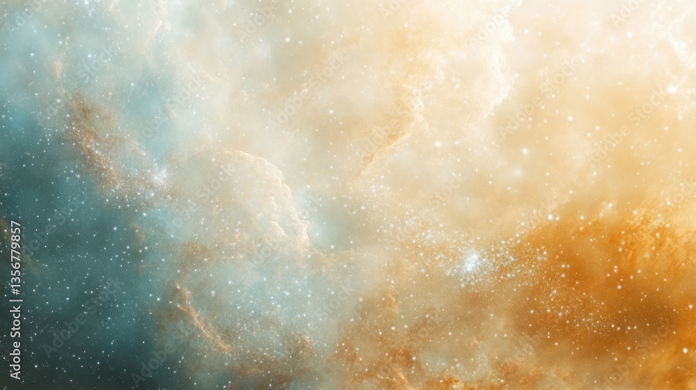 Poster dreamy cosmic vista with soft celestial clouds golden haze and sparkling starfield a beautiful ether