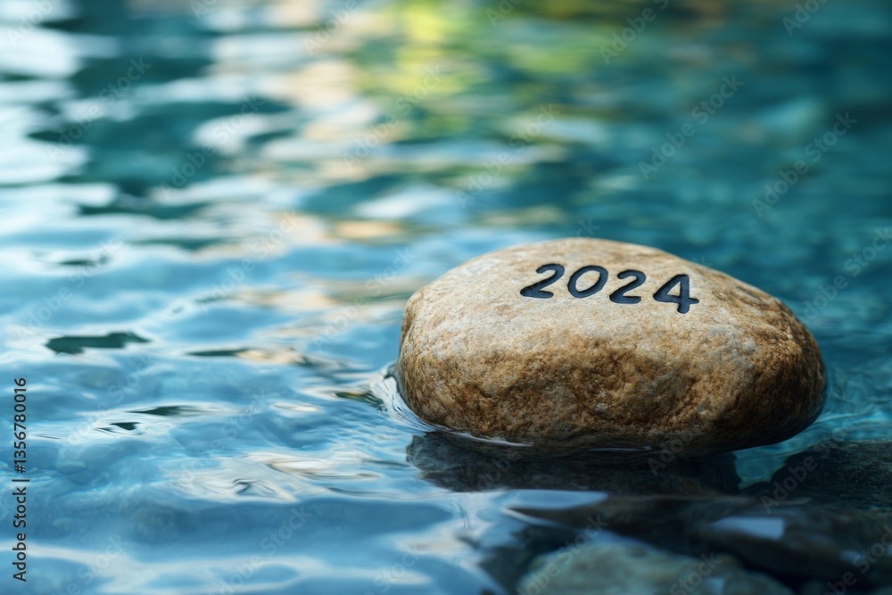 Poster rock with 2024 engraved rests in calm water reflecting a serene environment during daylight