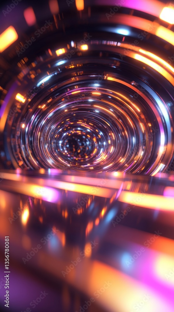 Poster luminous concentric metallic rings creating an abstract futuristic tunnel vision design backdrop