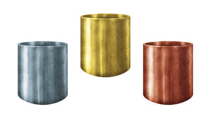 Planters of various shapes with gold, brass, bronze, silver, cooper metallic textures. Flower pot, vase for plants and bouquets. Watercolor container template for indoor, garden flowers, plants, trees