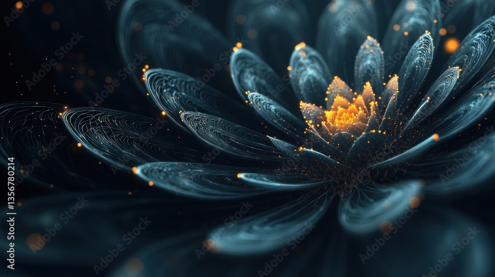 Poster Abstract fractal art depicting a glowing lotus flower with intricate patterns and a dark captivating background