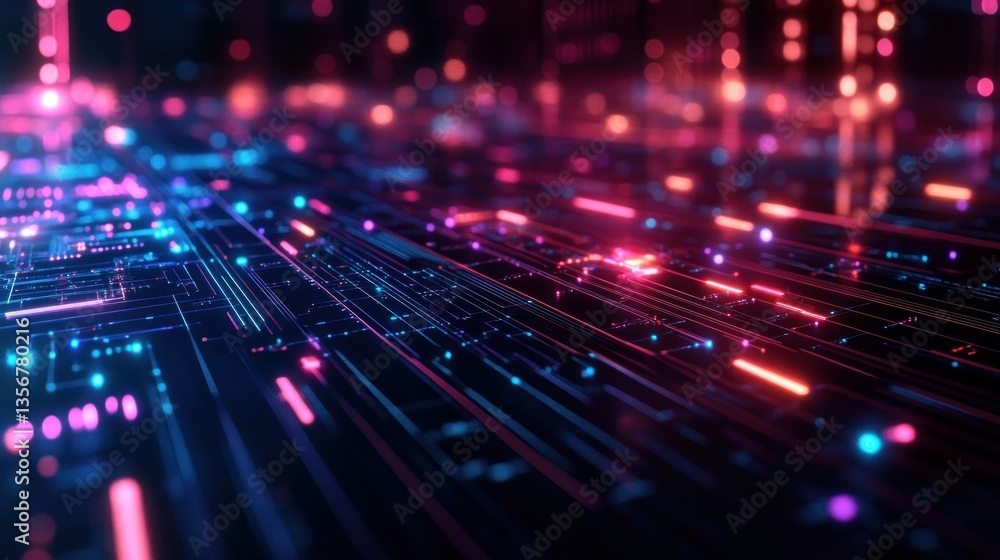 Poster captivating deep blue and red neon circuit board pattern for tech and cybernetic designs