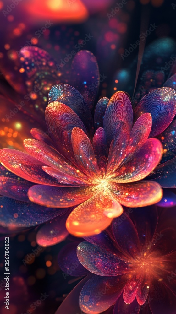 Poster digital floral bloom with glowing dots vivid gradients and flowing lines for ethereal abstract art