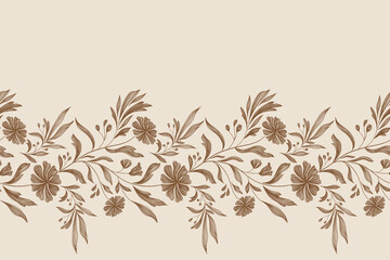 Vintage Floral patterns seamless background border embroidery ethnic batik retro. Flower motifs paisley batik. Brown silhouette watercolour flowers ikat design hand drawn. Vector illustration