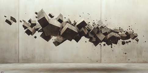Floating Wooden Cubes Abstract Art on Concrete Wall Background