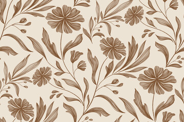 Vintage Floral patterns seamless background border embroidery ethnic batik retro. Flower motifs paisley batik. Brown silhouette watercolour flowers ikat design hand drawn. Vector illustration