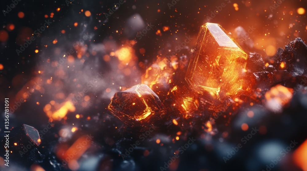 Poster dramatic abstract glowing crystal scene of gemstone formations with fiery particles and dark rocky t