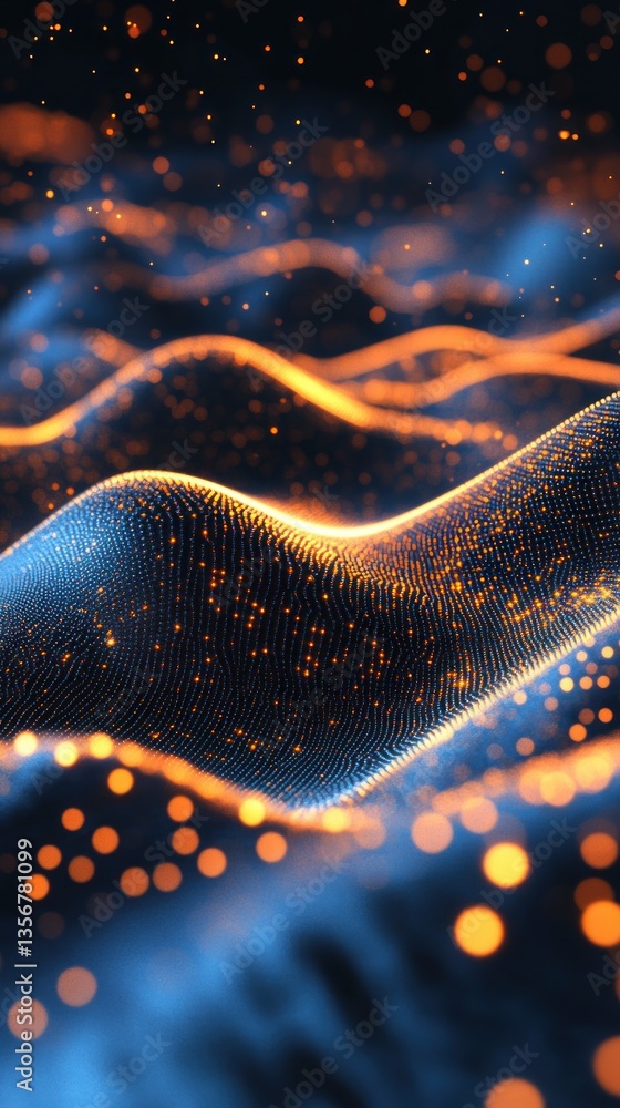 Poster abstract digital landscape with glowing particles dynamic wave surface for modern technology backgro
