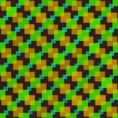 Illustration, background in the form of a seamless checkered pattern of orange, green and blue squares on a dark background