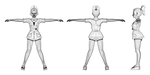 Three women are shown in a black and white drawing. The first woman is standing with her arms crossed, the second woman is standing with her arms outstretched