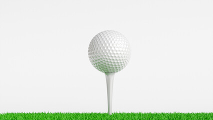 3D model of white golf ball on stand on grass on white background close-up, golf