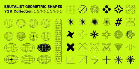 Brutalist Geometric Shapes With Bold Y2K Design Elements on Neon Background. Collection of abstract geometric shapes, retro-futuristic forms, and Bauhaus minimalism