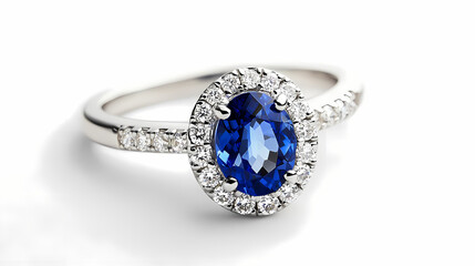 Sparkling Promise: An elegant ring, showcasing a brilliant sapphire embraced by shimmering diamonds, rests against a pristine surface, casting a spell of timeless beauty.