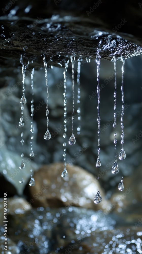 Poster glistening water droplets hanging from a cave ceiling creating a serene and magical atmosphere with 