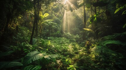 Intense Sunlight Bursting Through a Dense and Lush Jungle Canopy with Ferns and Tropical Plants