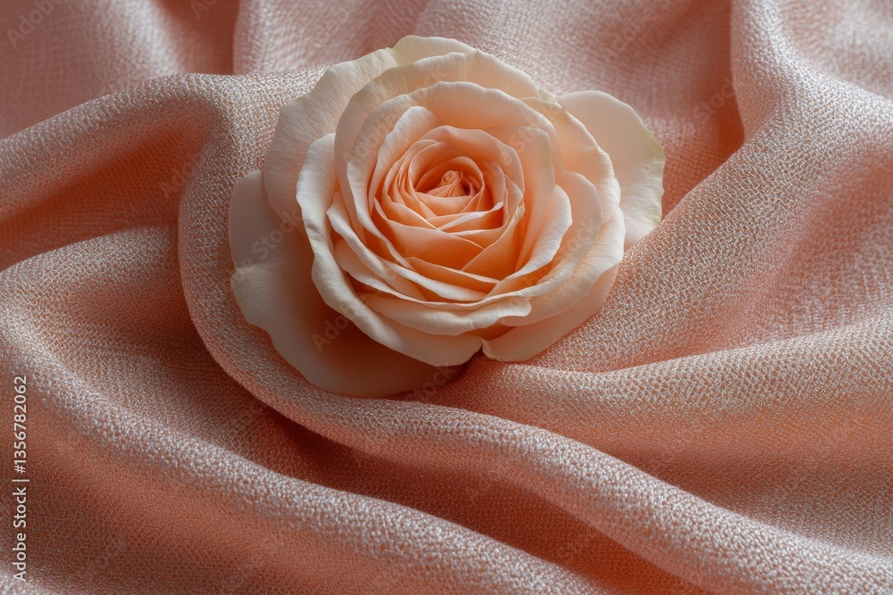 Poster delicate peach rose resting on soft fabric in serene indoor setting during afternoon light