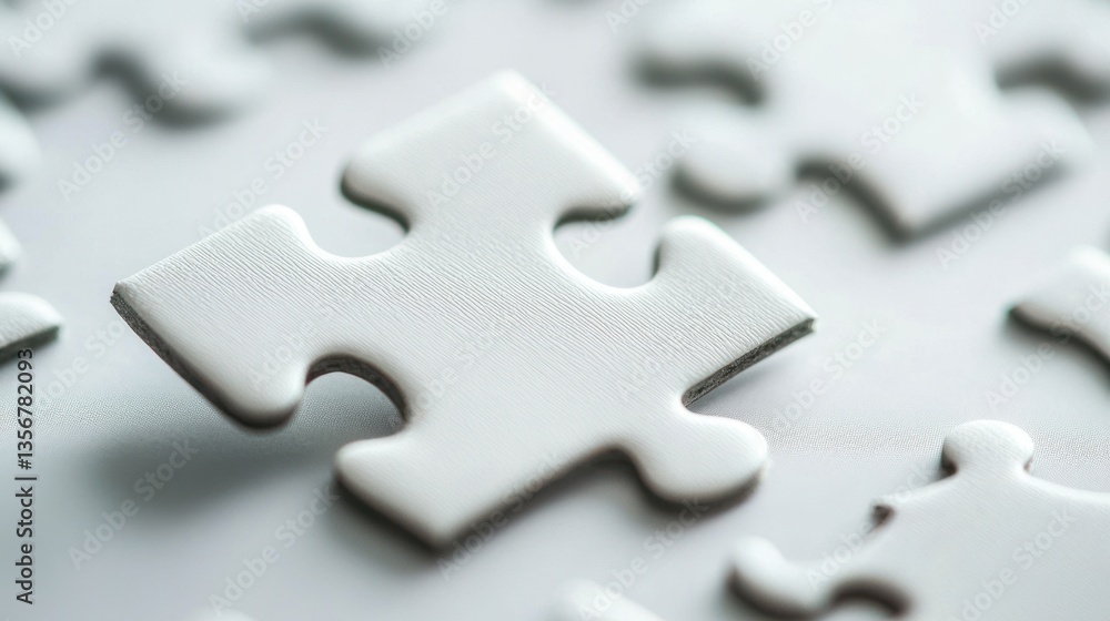 Poster Minimalist Still Life Close Up of White Puzzle Piece on Soft Gray Background Showing Completion Concept