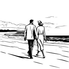 Couple walking hand in hand on the beach during sunset  