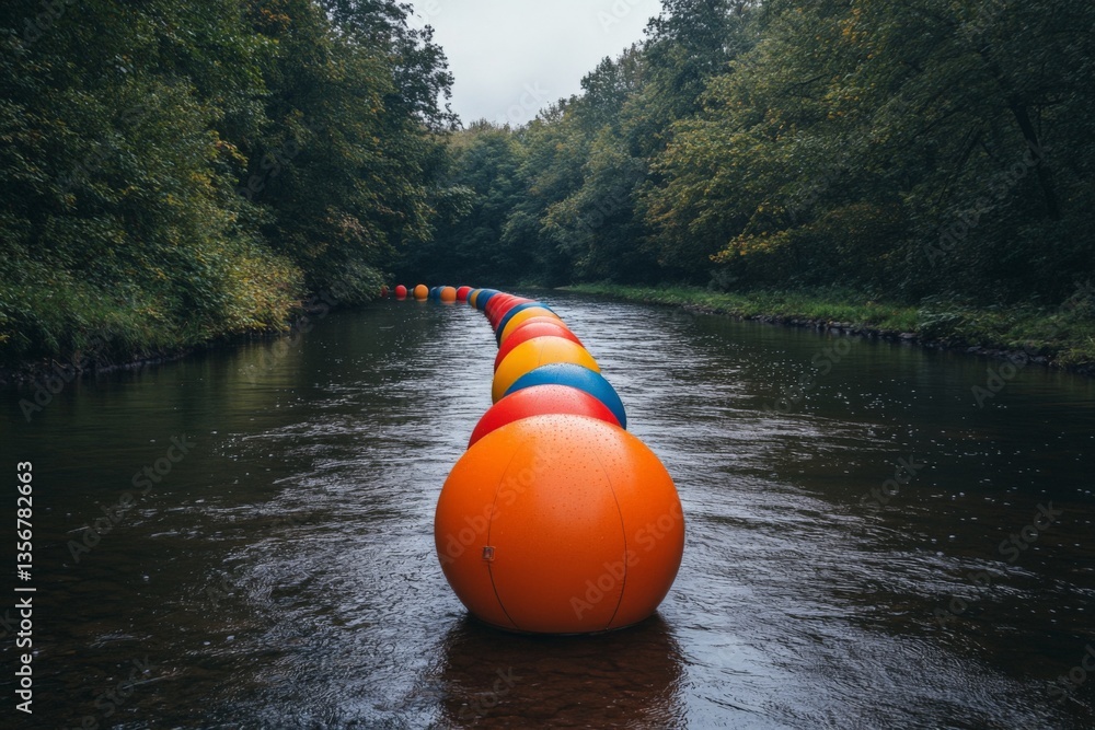 Poster colorful balls float along a serene river surrounded by lush greenery on a cloudy day