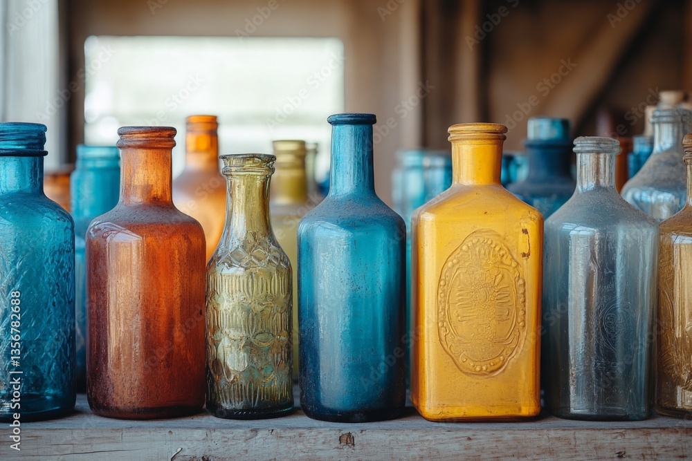 Aufkleber colorful collection of vintage glass bottles displayed on wooden shelf in rustic setting