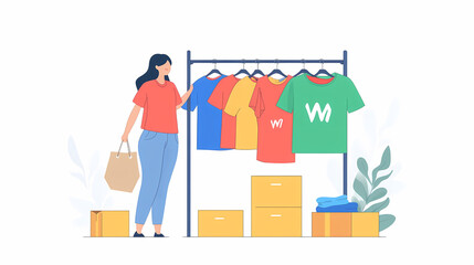 Shopping Spree: A vector illustration showing a woman in a clothing store, gazing at the shirts.