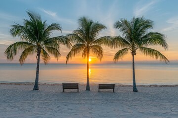 Fototapeta premium Serene tropical beach sunset with palm trees and benches evoking peaceful vacation vibes and tranquil ocean view creating a perfect escape