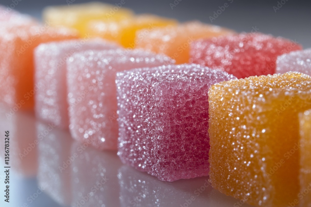 Poster colorful gummy candies arranged in a neat row showcasing a variety of flavors and textures