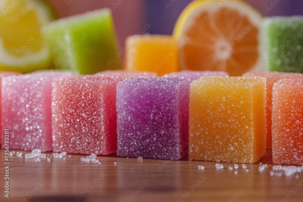 Aufkleber colorful fruit jelly cubes arranged on a wooden surface with citrus slices in the background during 