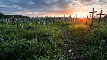 Obraz premium Sunset at a cross-filled cemetery remembrance landscape tranquil environment nature reflection