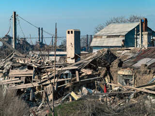 destroyed and burned houses in the city in Ukraine