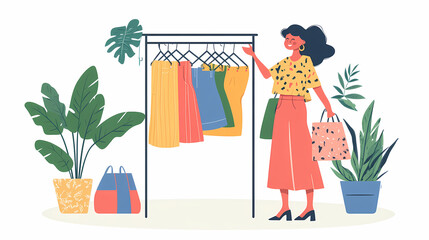 Fashionable shopping : a delightful illustration portraying a stylish woman selecting clothing from a rack in a vibrant setting, representing the joy and experience of retail therapy.