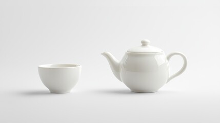 Fototapeta premium Elegant white tea set showcasing classic design teapot and a cup for traditional tea time with simple backdrop