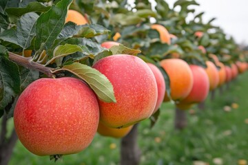 Colorful ripe apples hanging in a lush orchard during late autumn harvest season
