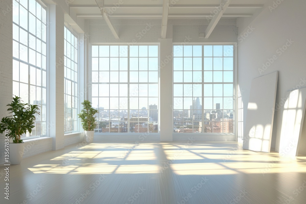 Poster bright modern interior with large windows overlooking the cityscape creating a serene and spacious a