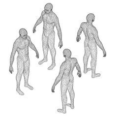 Four figures are standing in a line, each with a different pose. The figures are all very similar, with their arms and legs spread out and their heads tilted. Scene is somewhat eerie and unsettling