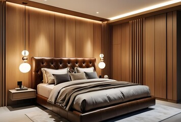 Modern Luxury Bedroom with Wooden Accents and Elegant Lighting


