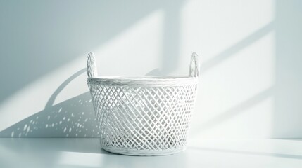 Fototapeta premium Minimalist White Wicker Basket in Bright Sunlight against Textured Wall for Natural Home Decor Look