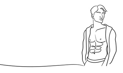 Man is a narcissist, admires himself on white background. Line art drawing. Sport guy model. Vector illustration