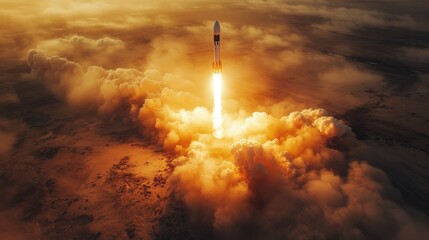 Obraz premium A rocket launches with a powerful thrust, sending flames and smoke into the air while illuminating the clouds and the ground at sunset. The moment captures the excitement of space exploration.