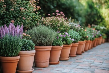 Fototapeta premium Colorful flower pots line a garden path showcasing vibrant blooms and lush greenery during a sunny day in spring