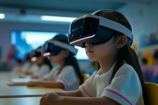 Children in vr headsets interacting with futuristic digital interface. Neural network AI generated