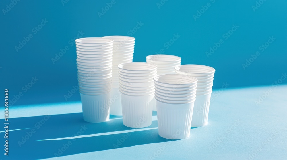 Poster stacks of recyclable white plastic cups against vivid blue background displaying minimalist design a