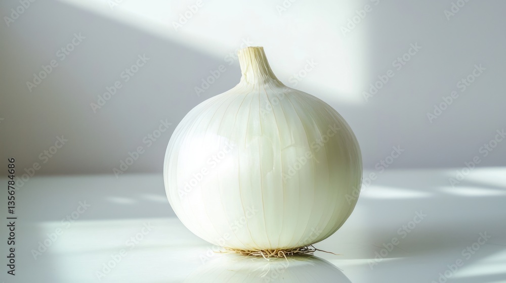 Poster White Onion Bulb on Reflective Surface in Soft Sunlight a Clean and Minimalist Composition