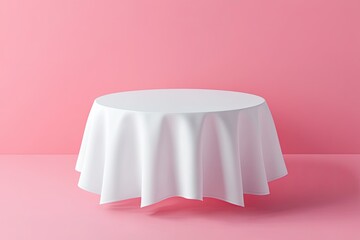 Empty white tablecloth round table against pink background