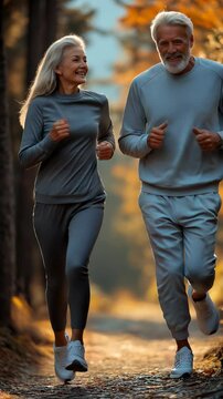 Couple enjoys morning run along forest trail with autumn leaves in vibrant colors during peaceful sunrise. Ideal for Social Media, Stories, Advertising