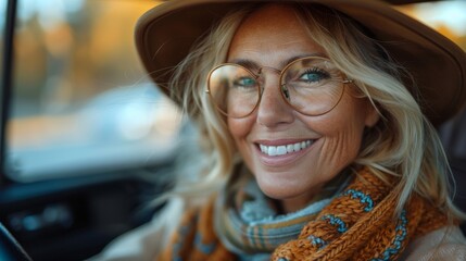 portrait of smiling beautiful caucasian mature woman 55-60 years old in glasses and hat traveling by car