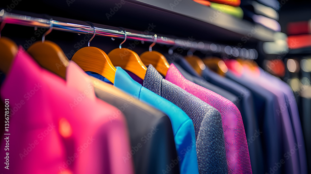 Poster elegance on display: vibrant suits hang neatly on a rack, showcasing a spectrum of colors and fine t